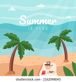 Flat Summer Instagram Post. Beach Landscape With Leaves, Palm And Sky. Background For Banner, Summer Holiday Postcard. Vector Background With Space For Text. Flat Trendy Illustration