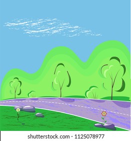 Flat summer landscape background with green trees, grey road and grass with isolated flowers, bright blue sky and clouds. Vector illustration, cartoon graphic drawing of countryside road