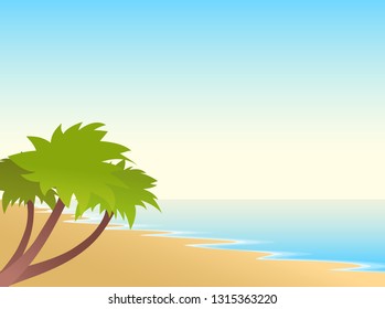 Flat summer landscape. Beach and palm trees