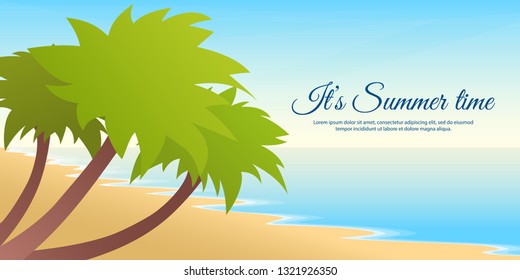 Flat summer landscape. Beach and palm trees