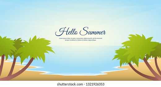 Flat summer landscape. Beach and palm trees