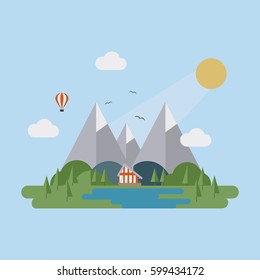 Flat summer landscape with mountain, lake, sun, trees, clouds and house.