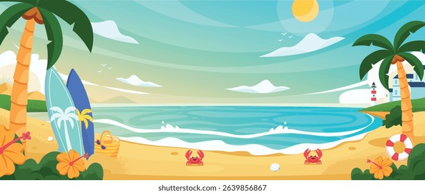 Flat Summer Landscape with Surfboard, Palm Tree, Ocean View, and Cityscape – Warm Tropical Vacation Scene