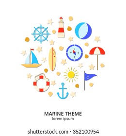 Flat summer and marine icons composed in circle shape. Sailboat, anchor, lighthouse, seashells, lifebuoy, steering ship wheel, surf, compass, sea flag, parasol, sun, beach ball.