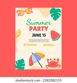 Flat summer party poster. Doodle style
