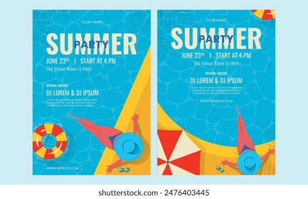 flat summer party poster template with woman relax at pool