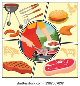 Flat summer picnic weekend composition with fork tongs spatula burger roasted chicken sausages and man cooking steak on barbecue vector illustration