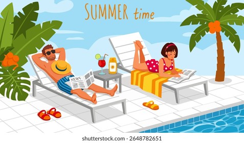 Flat Summer Poolside Illustration with Relaxing Adults on White Lounge Chairs, Tropical Foliage, SUMMER time Handwritten Text, and Tiled Deck by a Blue Swimming Pool
