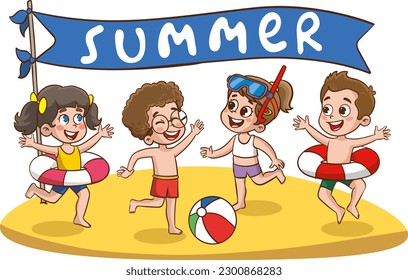 Flat Summer Poster with Cartoon Character and kids having fun cartoon vector