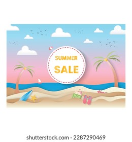 Flat summer sale banner design with white circle for text and the beach, sea twilight evening sky, flipflops, and coconut water Concept of an island vacation. vector illustration