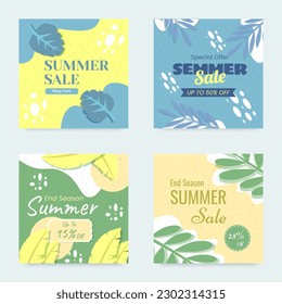 Plantillas de postales de venta de verano planas. Antecedentes de promoción y descuento de verano. Ilustración vectorial.