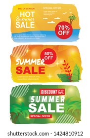 Flat Summer Sales Set with Best Seasonal Offers. Printable Banner Templates. Commercial Advertisements Pack. Shopping Tour Flyers Kit. Vector Cartoon Illustration in Color Tropical Style