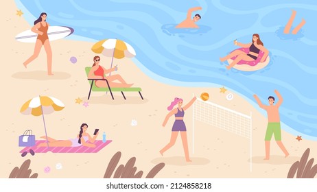 Flat summer sea beach landscape with people at vacation. Tourists surfing, swimming, sunbathing and playing volleyball at coast vector scene. Woman in rubber ring, girl with surfboard