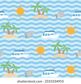 Flat summer sea seamless pattern with sea, island, boat, fish, and sun elements
