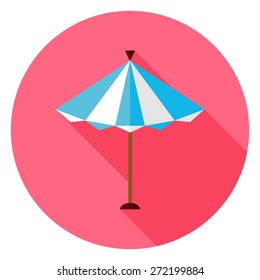 Flat Summer Sun Parasol Circle Icon with Long Shadow. Vector Illustration Flat Stylized 