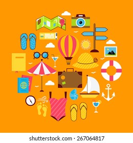 Flat Summer Travel Icon Circle Shaped Set. Vector Illustration of Summer Holidays Objects