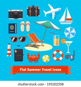 Flat summer travel icons. Vacation and tourism. EPS 10 vector set.