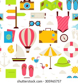 Flat Summer Travel Seamless Pattern. Vacation Holiday Flat Design Vector Illustration. Tiling Background. Collection of Sea Marine Beach Resort Colorful Objects isolated over white. 
