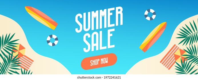 Flat summer vacation, a beach holiday poster with a set of daylight saving time icons. Surfboard on the beach. Party invitation, background, advertising, sales background. Layout template. Vector