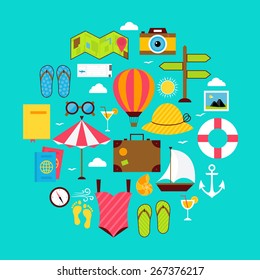 Flat Summer Vacation Icon Circle Shaped Set. Vector Illustration of Summer Holidays Objects