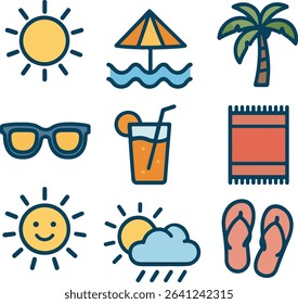 Flat Summer Vacation Icon Set – Colorful Beach, Travel, and Holiday Elements