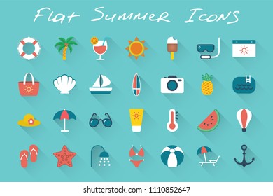 Flat summer vacation icons set on blue background