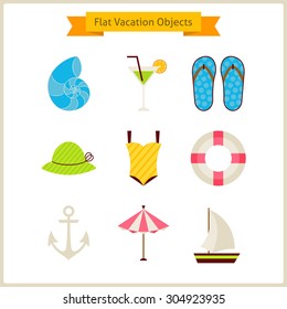 Flat Summer Vacation Objects Set. Summer Holidays. Vector Illustration. Collection of Tropical Beach Resort Objects Isolated over white. Sea Marine Concept