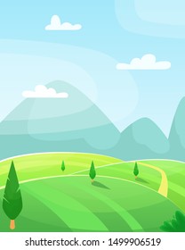 Paisaje de dibujos animados de verano plano. Campos con árboles y montañas al fondo.