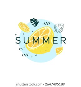 Flat summer vector illustration featuring sliced lemon with tropical leaves and decorative elements. Perfect for summer drink ads, fruit-themed posters, and fresh seasonal branding