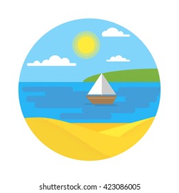 Flat summer vector landscape. Travel and sailing concept template with sun, clouds, water, boat, yacht. Stylish trendy outdoor tourism, rest, vacation. Flat summer landscape. Flat sea illustration