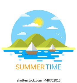 Flat summer vector landscape. Travel and sailing concept template with sun, clouds, sea, boat, yacht. Stylish trendy outdoor tourism, rest, vacation theme.