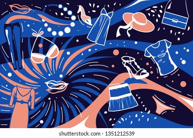 Flat summer women clothes on tropical background. Concept girl dress, hat, shoes, swimsuit and accessories. Vector illustration.