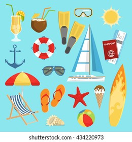 Flat summerset composition with equipment accessories for swimming and relaxing on the beach vector illustration