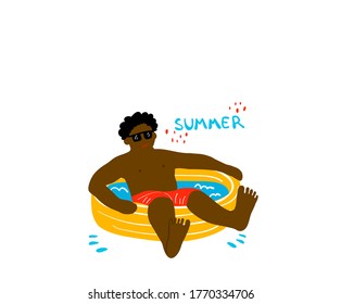 Flat Summertime pool vector illustration. A black guy sitting in a Inflatable pool.