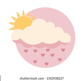 Flat sun behind cloud over pink sky with hearts rain isolated on white background. Copy space.
