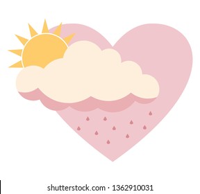 Flat sun behind cloud over pink sky heart sky with rain isolated on white background. Copy space.