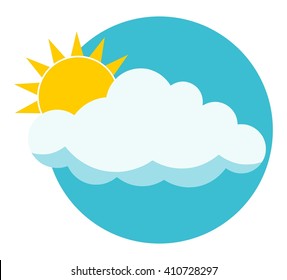 Flat sun behind cloud over blue sky. Sun. Cloud. Icon. Logo.  Isolated on white background. Copy space.