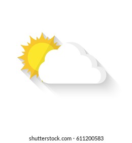Flat sun behind cloud. Vector illustration. Sun hiding behind the cloud with long shadow, isolated on white background