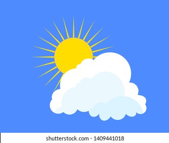 Flat sun and cloud Icon. Summer pictogram on blue, sky background. Sunlight symbol. Vector illustration, EPS10