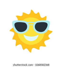 Flat sun icon. Hand-drawn. Vector illustration. Sun pictogram. Template vector illustration. Cartoon smile. Isolated on white background. High quality. Sun smile with blue sunglasses happy childhood