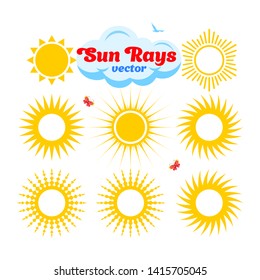 Flat sun icon. Sun rays of various shapes. Sun pictogram. Trendy vector summer symbol for website design, web button, mobile app. Template vector illustration. 
