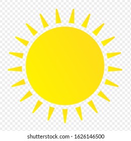 Flat sun icon. Spring and summer element. Sun pictogram. Yellow sunlight isolated on transparent background. Vector illustration.