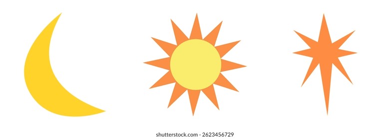 Flat sun, moon and star icons in soft warm tones.