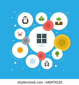 Flat Sun Power, China Bear, Wood And Other Vector Elements. Set Of Eco Flat Symbols Also Includes Sunshine, Eco, Photocell Objects.