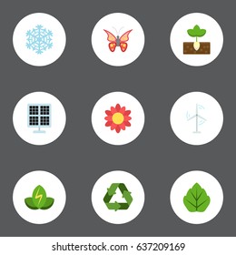 Flat Sun Power, Foliage, Electric Mill And Other Vector Elements. Set Of Green Flat Symbols Also Includes Flower, Photocell, Reuse Objects.