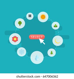 Flat Sun Power, Water, Blossom And Other Vector Elements. Set Of Environment Flat Symbols Also Includes Water, Flower, Spruce Objects.