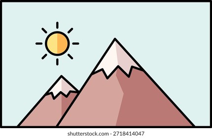 Flat of sun shining over pink mountains with snow