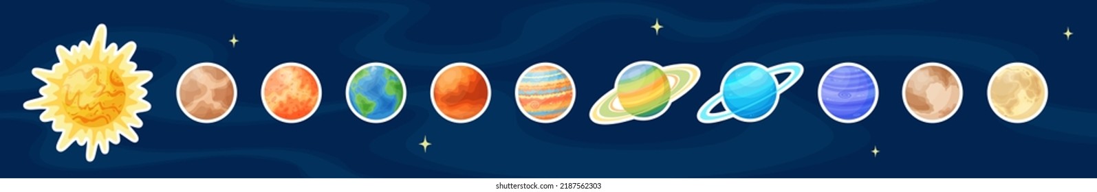 Flat sun and solar system planets art patch set, cartoon space objects vector label, comic celestial body design sticker collection on blue cosmic background for science game graphic illustration