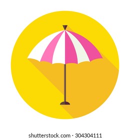 Flat Sun Summer Umbrella Circle Icon with Long Shadow. Summer Vacation Vector Illustration. Colorful Beach Resort Object.