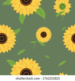 Flat sunflower pattern leaf for decoration design on a green background. Graphic design elements. Vector illustration background. Botanical print. Beautiful sunflower pattern for any purpose.